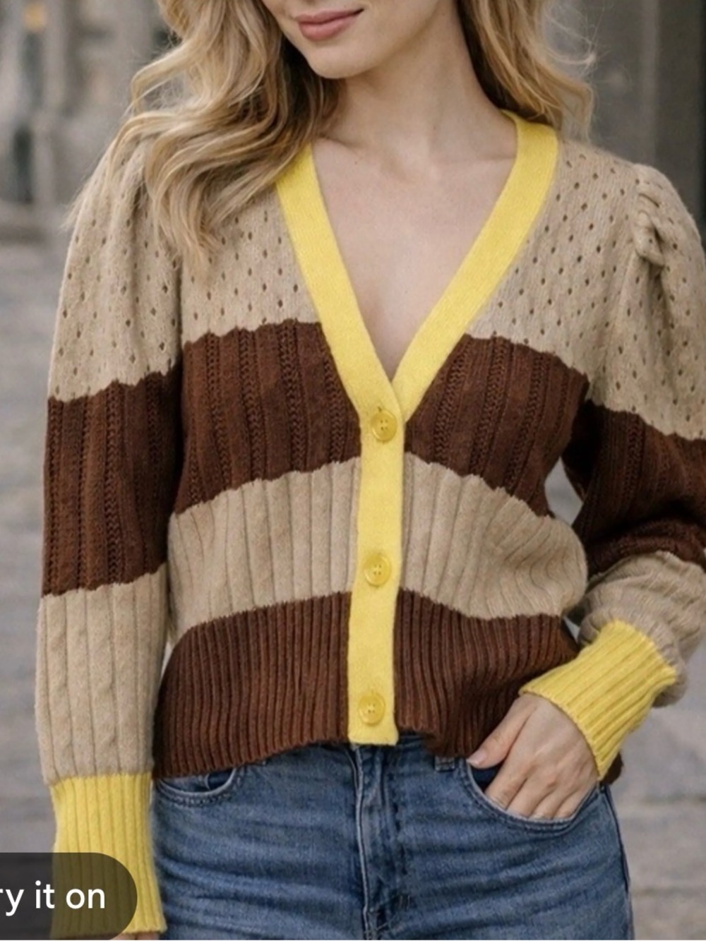 Calligraphie V-Neck Striped Knit Cardigan brown stripes with Yellow Trim Sz L